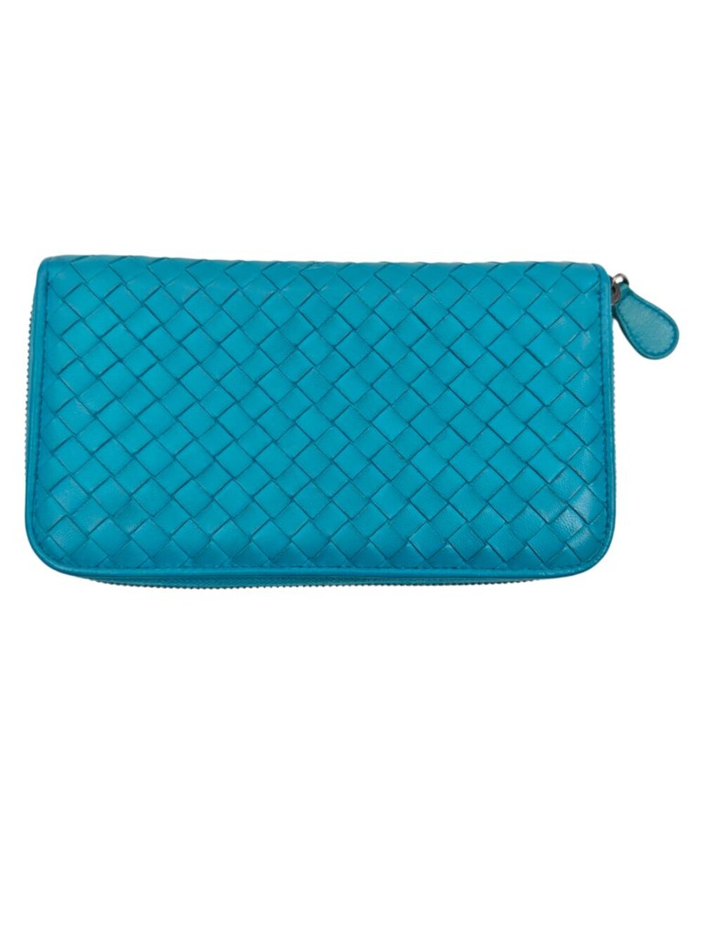 Bottega Veneta Intrecciato Zip Around Wallet Blue Woven Leather Long Wallet